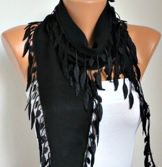 Black Scarf - Pashmina Scarf - Cowl with Lace Edge
