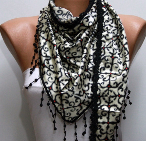 Black Shawl Scarf -  Cowl Scarf with Lace - fatwoman