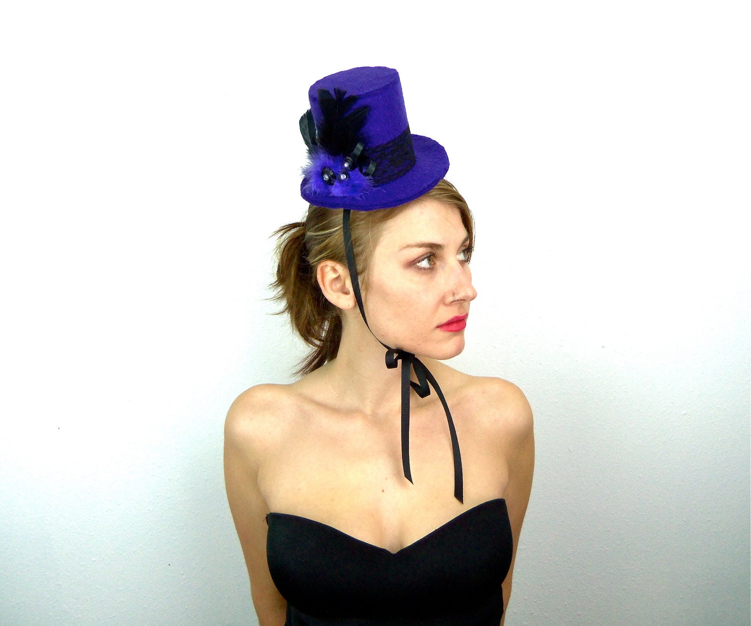 mini top hat, purple fleece, black, feathers, lace, buttons, ribbon, gems, halloween, party, burlesque