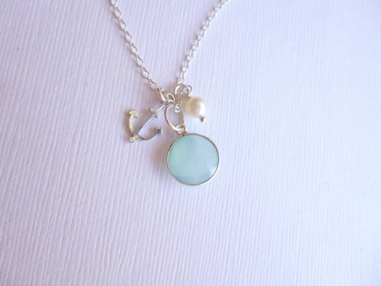 Sterling Silver Anchor with Sea Green Chalcedony Stone and Pearl Charm Trio Necklace -- Nautical -- Bridesmaids Gift