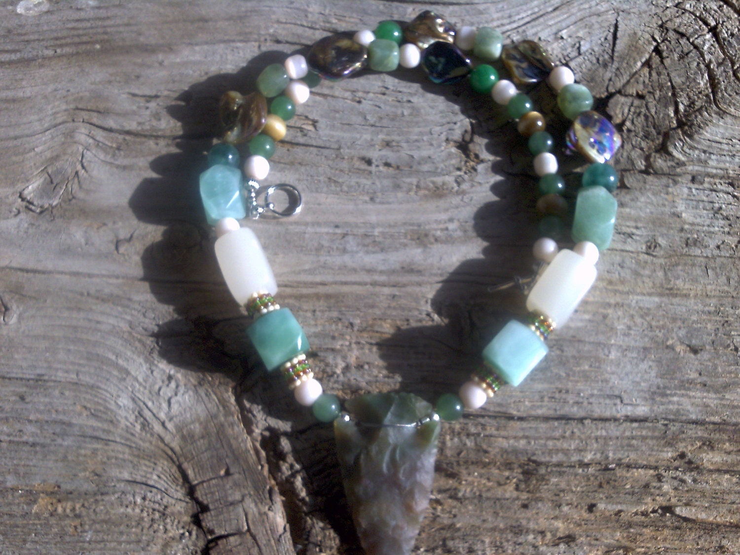 Jasper arrowhead 2 1/2 inch, stone,glass,mother of pearl necklace 23 inch