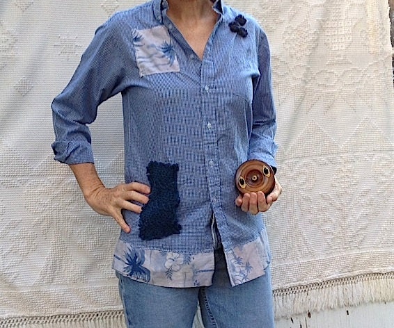 outdoors lady gingham blue wild west upcycled eco hand dyed crochet boho gypsy girl shabby chic shirt