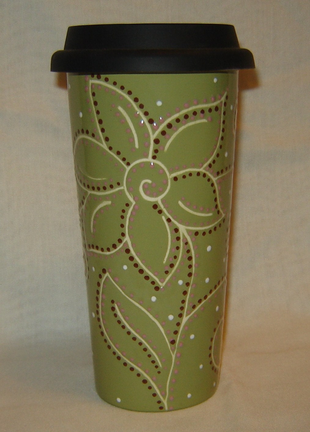 LARGE Ceramic Travel Mug w/lid - Sage Green- Flower,  swirls and dots