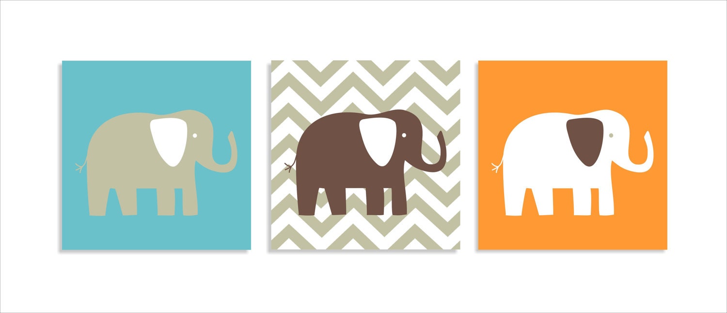 Elephant with chevron, canvas children's art, wall art, nursery wall art, canvas prints, elephant nursery-Set of three 12x12