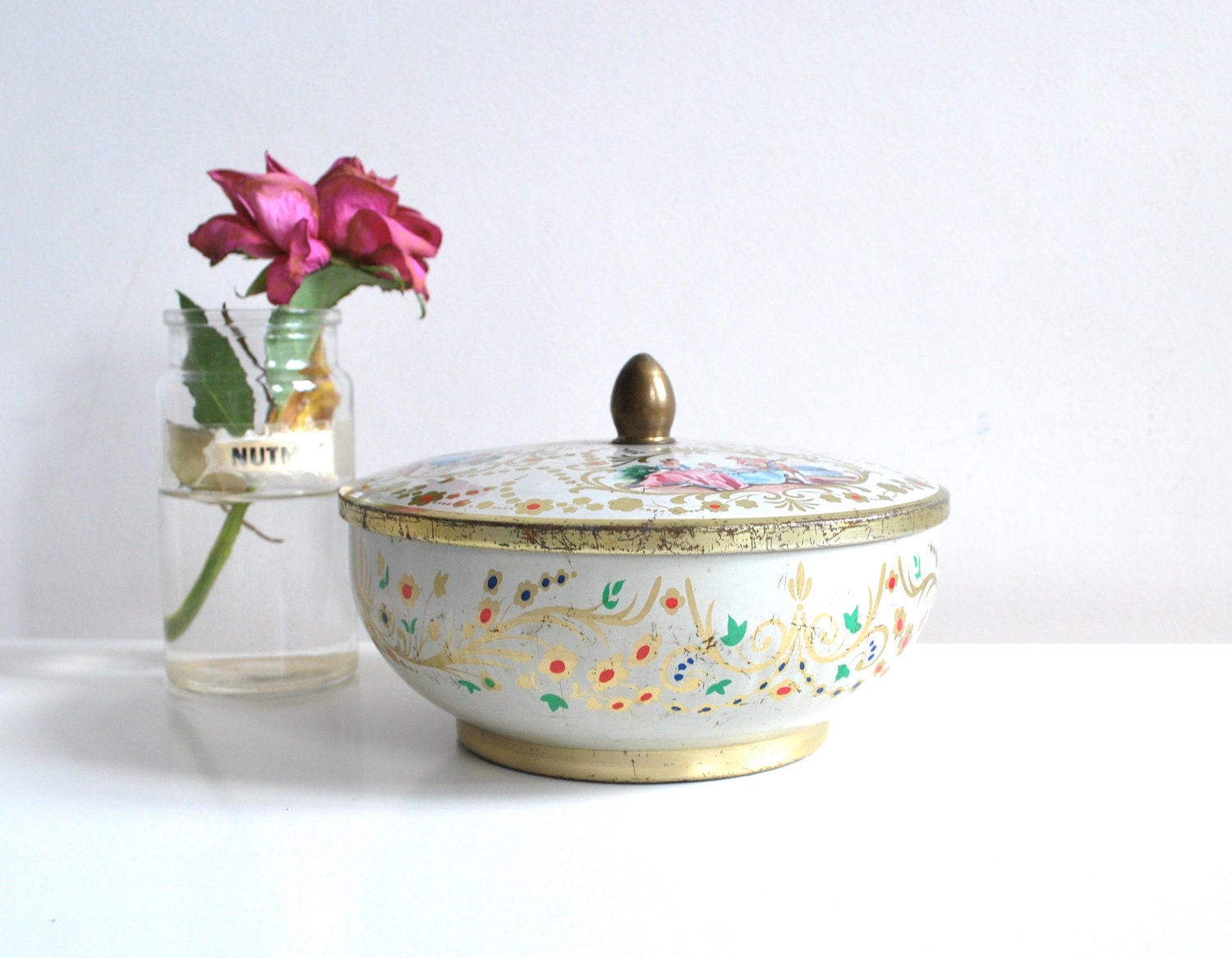 French vintage tin box in white, gold, pink & blue, home decor.