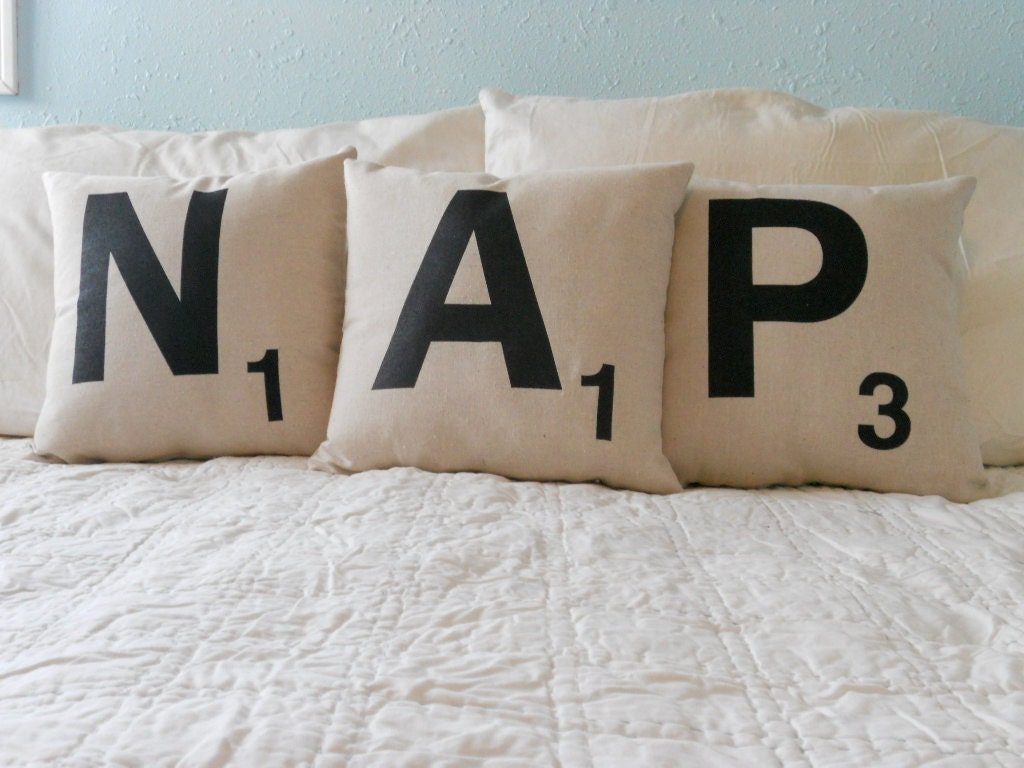 Set of Three SCRABBLE LETTER decorative pillow cushion covers -- NAP Ready to ship