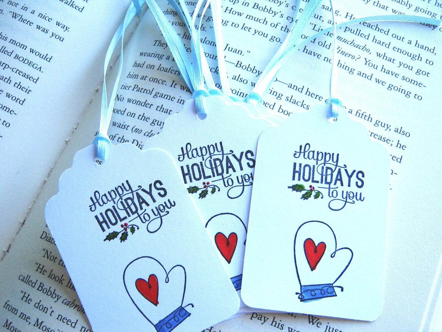 Happy Holidays To You Red and Light Blue Mitten Christmas Holiday Gift Tag Labels// Set of 10