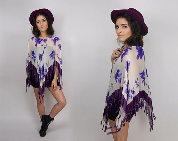 Vintage Floral Fringe Beaded Burnout Poncho Shawl Kimono / One Size