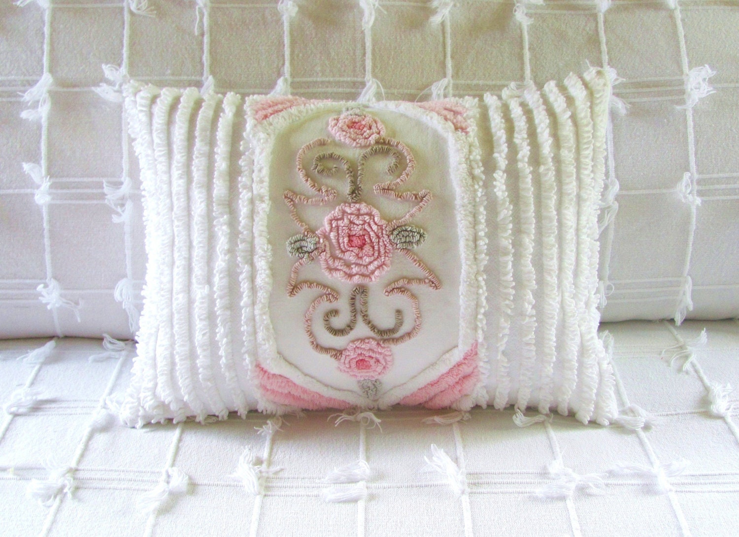THREE ROSES handmade chenille pillow cover 12 X 16 pink roses vintage chenille cushion cottage chic
