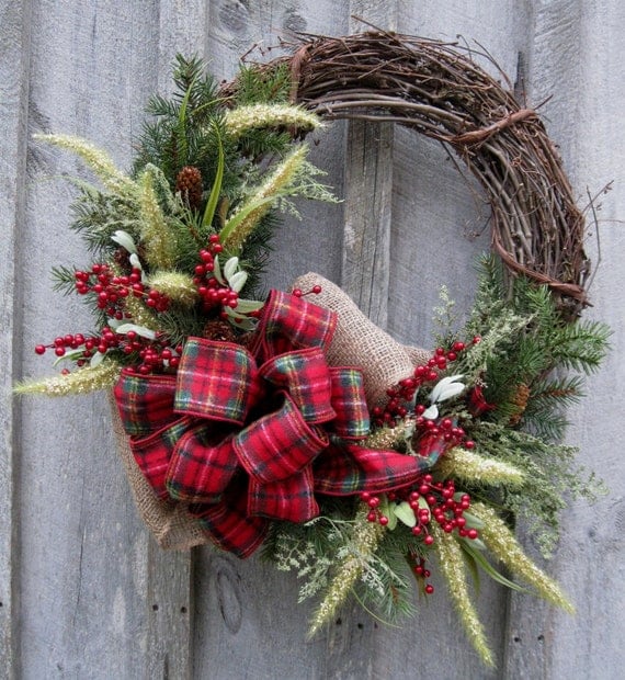 Christmas Wreath, Holiday Wreath, Woodland Country Christmas, Plaid Bow - NewEnglandWreath