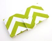 Custom Chevron Bifold Wallet - Choose Your Accent Fabric - Smart Phone Clutch - Lime Green and White Canvas - Wristlet Option Available