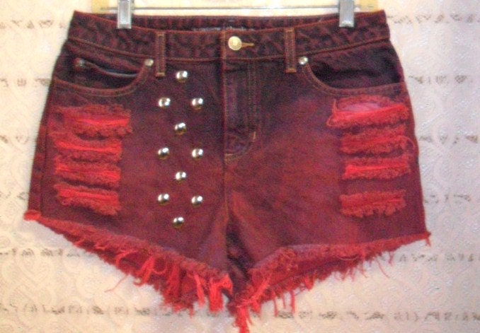 VTG  Liz Claiborne  Hand Dyed RED Denim Shorts - Studded--- Waist 31  inches