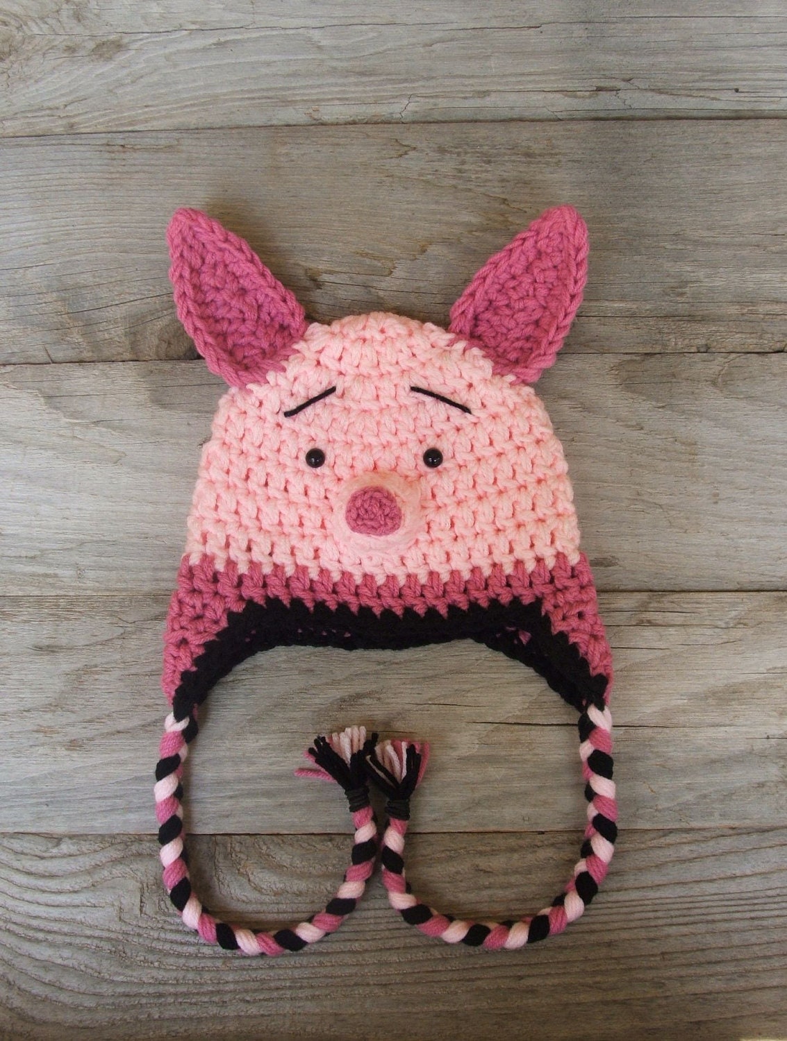 Piglet Hat with Braids and Earflaps - inspired by Winnie the Pooh - Newborn (0-3, 3-6, 6-12 Months Sizes)