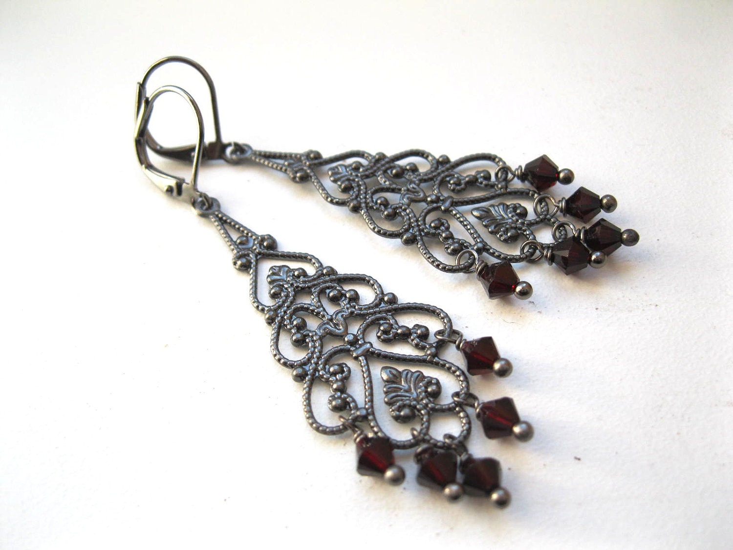 Lorena Gunmetal Black Gothic Chandelier Earrings with Blood Red Crystals. Custom Colours. True Blood inspired. Custom Colours