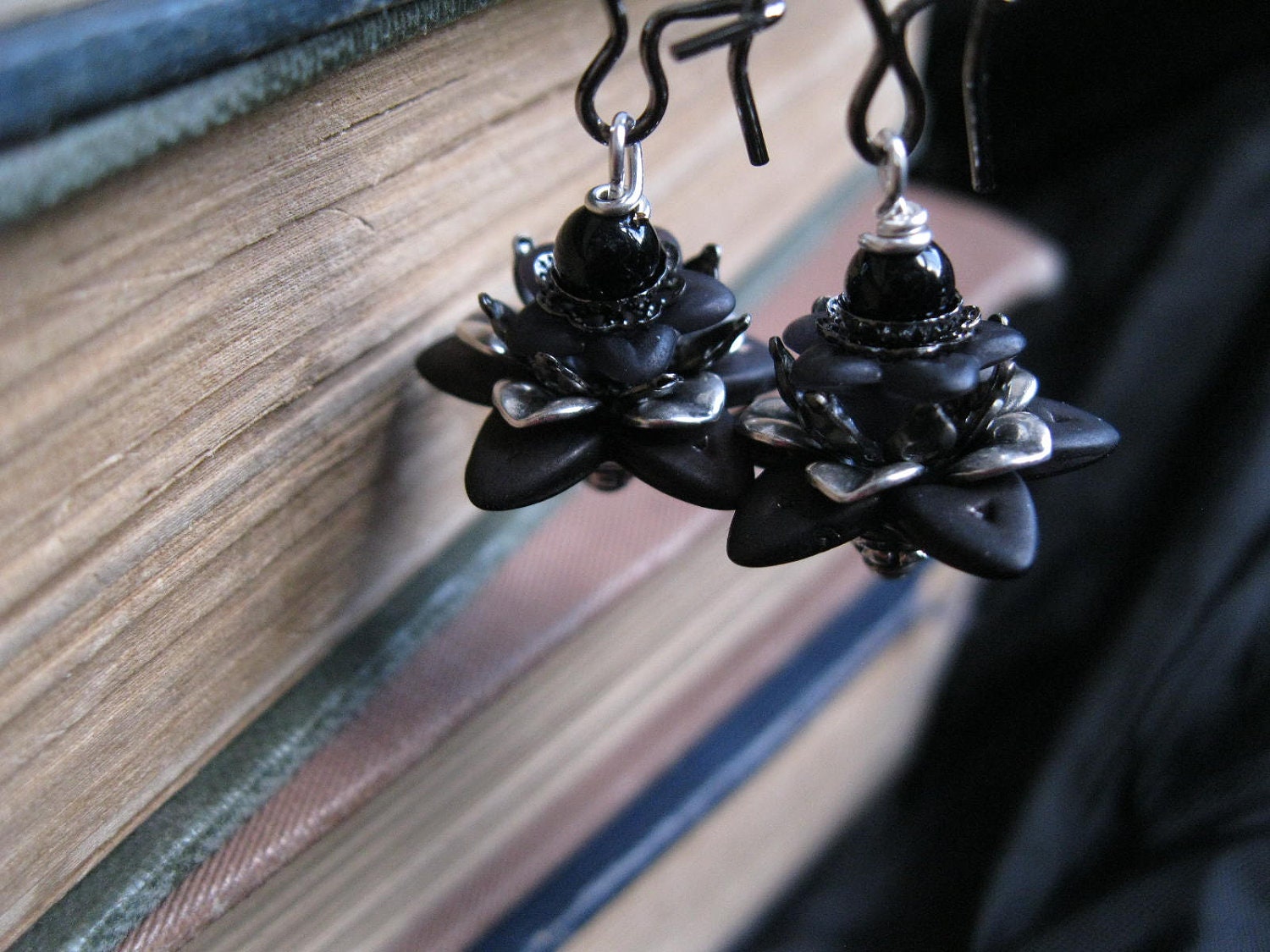 Black Lotus. Gothic Lotus Flower Earrings with Onyx in Victorian Silver and Gunmetal. Wee Fey Padma.