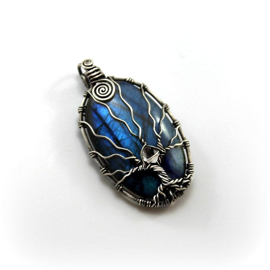 Labradorite tree of life pendant, sterling silver and Quartz, natural gemstones