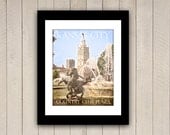 Kansas City Travel Print 16x20 Country Club Plaza Vintage Style Poster in Wonderfully Faded Blue, Cream, and Green