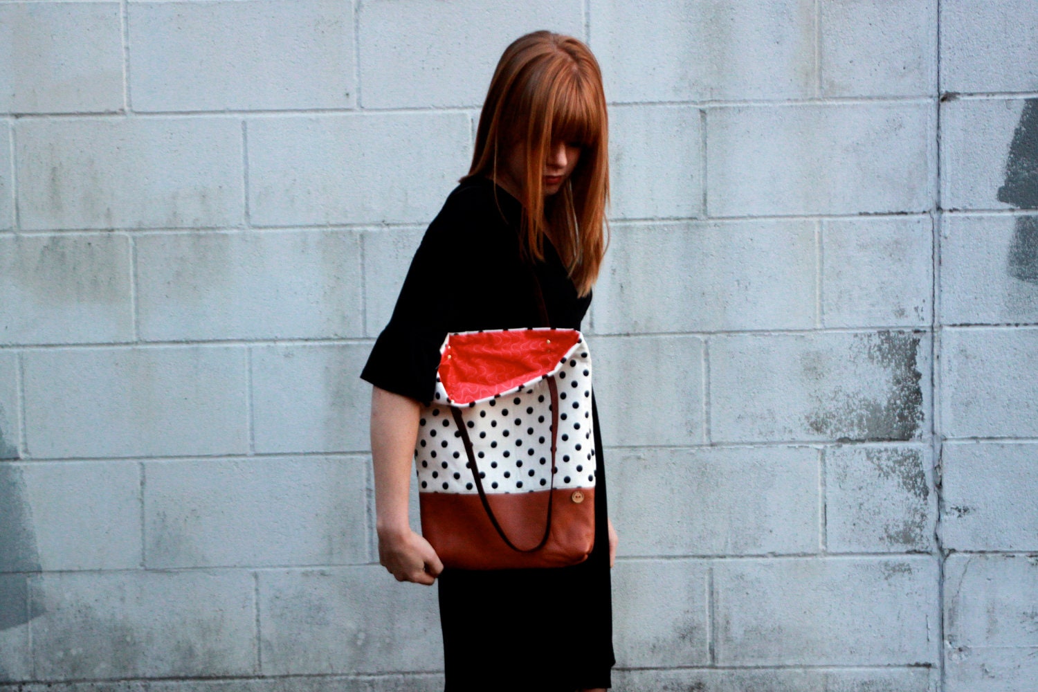 polka dot and caramel leather tote bag // white and black polka dot tote // leather tote by rouge and whimsy