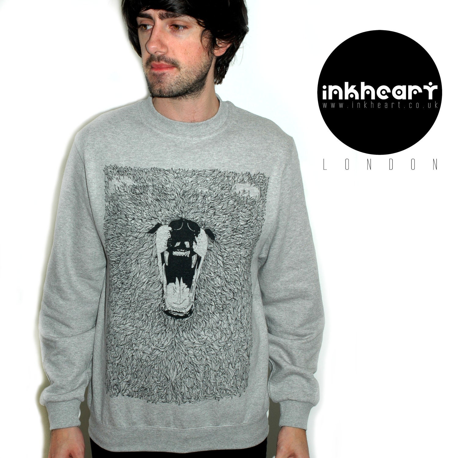 SALE Jumper - Grizzly Bear- Limited Edition Original Illustration - Grey Round Neck Sweater