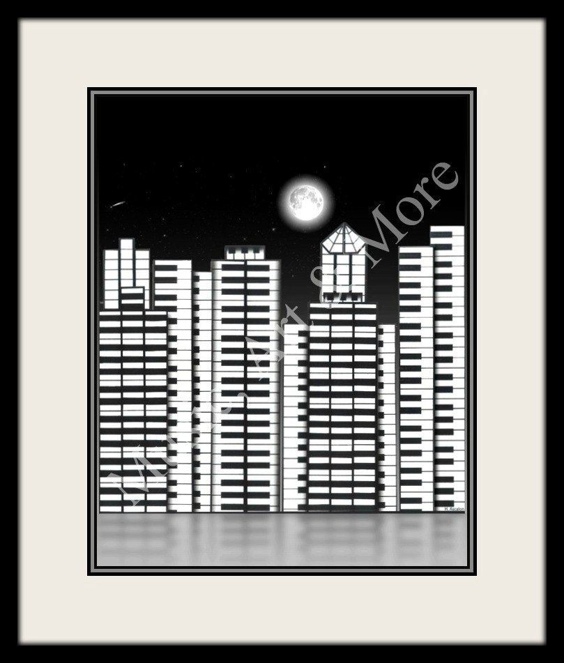 Wall Art - Home Decor Piano Keyboard skyline illustration 11X17 print