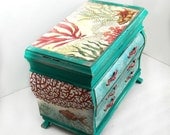 Beach Cottage Chic Jewelry Armoire - Upcycled Vintage Wood Jewelry Box - Decoupage Jewelry Box - Extra Large Dresser Jewelry Box