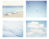Beach Print Set - Four 11x14, 8x10, 8x8 Photographs, light blue pale white ocean seashore coastal photography seashell cloud water sea photo