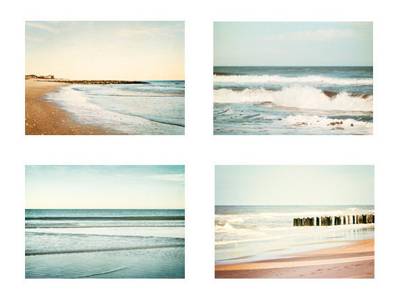 Ocean Photography Set - Four 5x7 Photographs - sea blue beige brown vintage coastal prints white nautical photos cream seashore shore decor