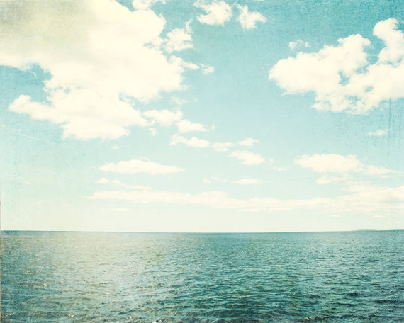 Large Ocean Photography - blue light white ocean horizon clouds - sea beach art print pale wall art - 16x20 Photograph, "Sea of Reverie"