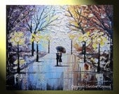 Original Art Abstract Painting Trees Couple Umbrella Rain Landscape Large Textured Park Lights Modern Palette Knife Spring 30x24" -Christine