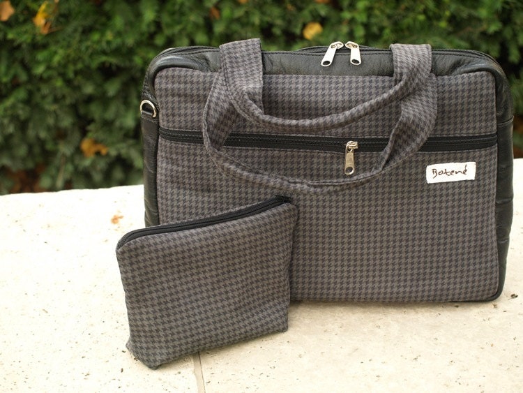 Mens leather Bag, Leather Laptop Bag, Unisex Messanger Bag, Laptop Bag, Shoulder Bag, Cross Body Bag, Black Houndstooth Bag