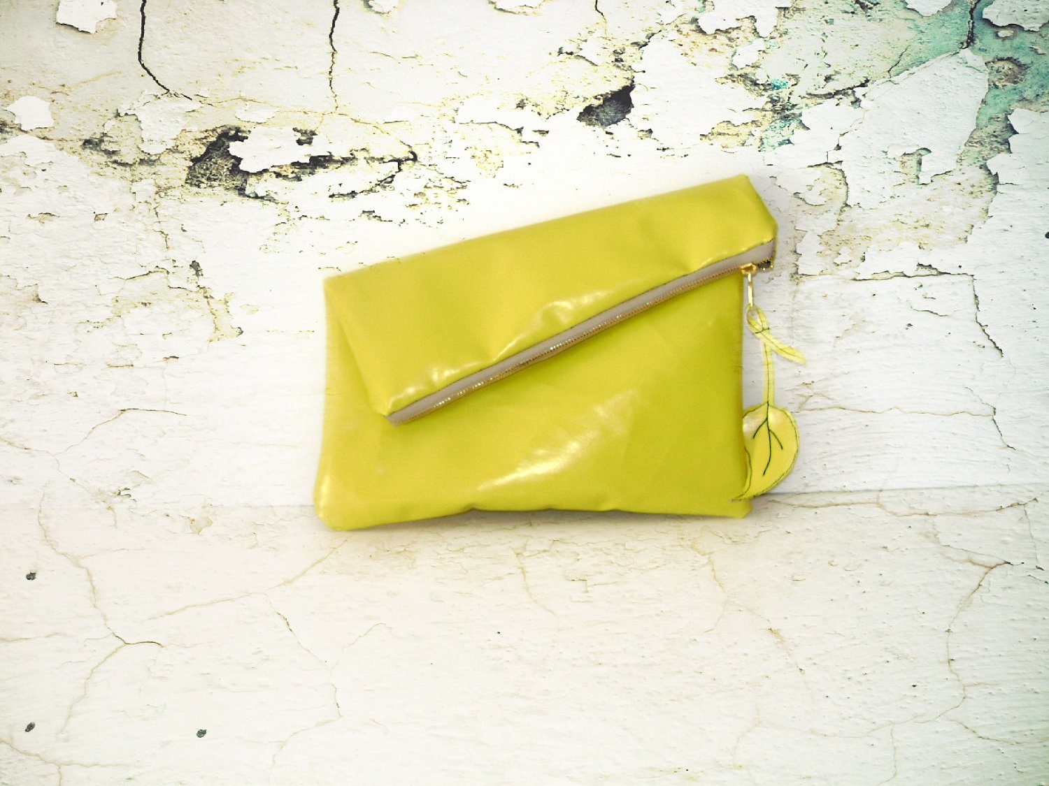 Leather yellow Clutch -with Brass Zipper Closure in Butter Yellow - hibbe