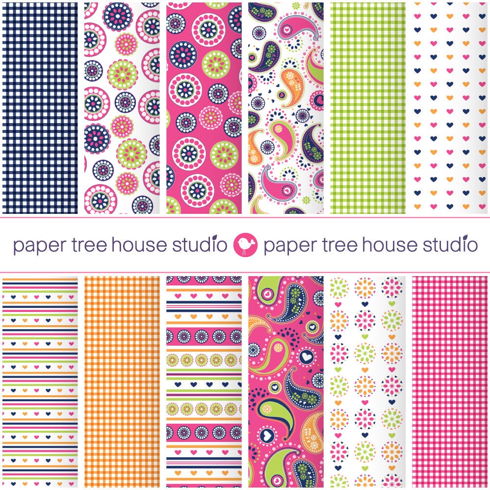 Digital Papers - Paisley, Flowers, Gingham, Hearts and Stripes - Twelve Print Ready Files - 12x12 or 8.5x11 inch