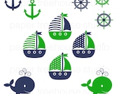 Sailboats, Anchors and Whales - Printable Clip Art Set - Green and Navy Blue - Eleven Files - ID 203