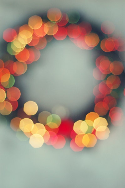 Holiday lights photograph- mint, wreath, abstract, colorful lights, bokeh, holiday decor, dreamy, fine art photograph, 5x7 print