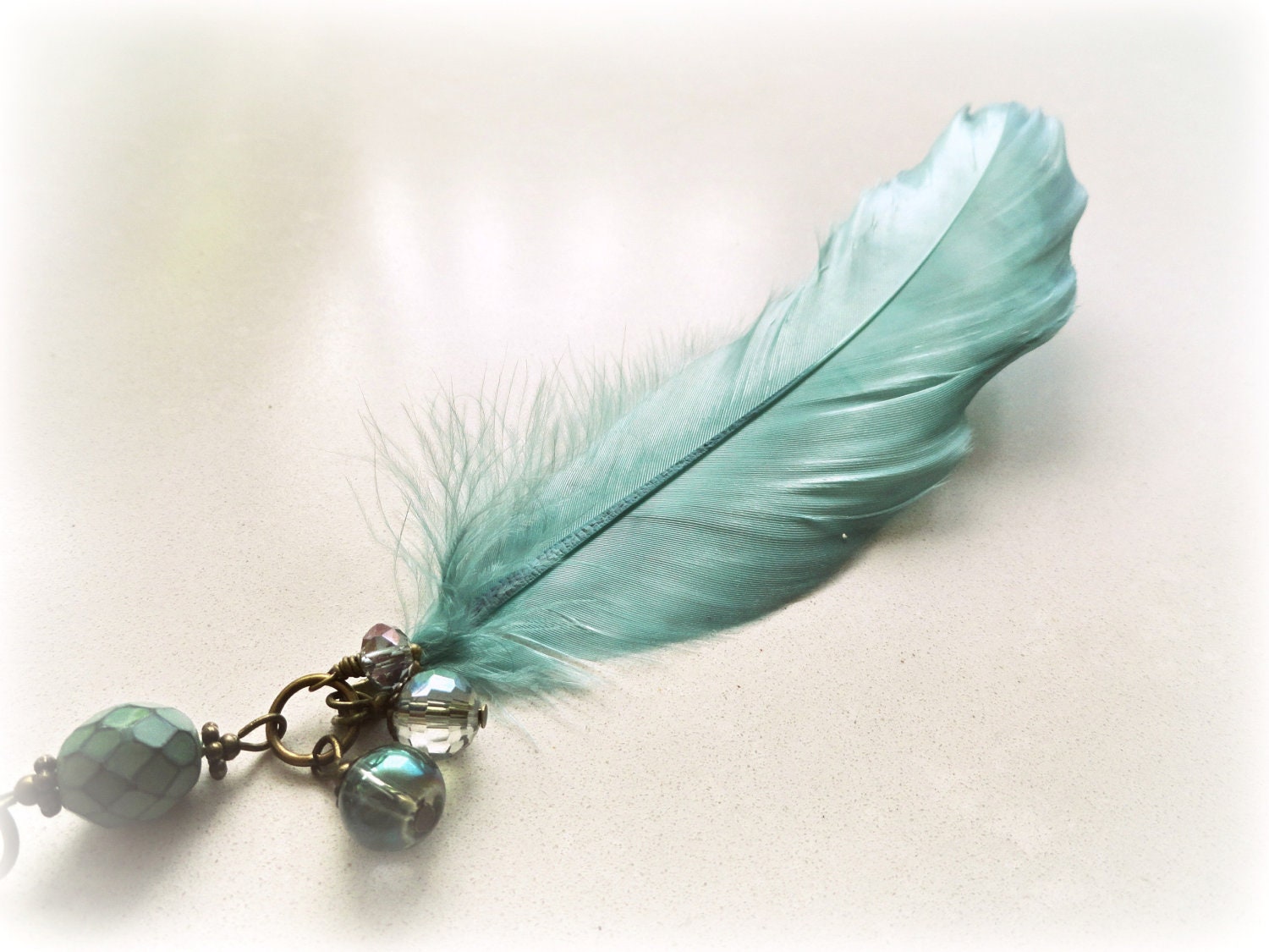 Blue Goose - Feather necklace Teal turquoise iridiscent rainbow blue glass Gift for her nature lover valentine under 25