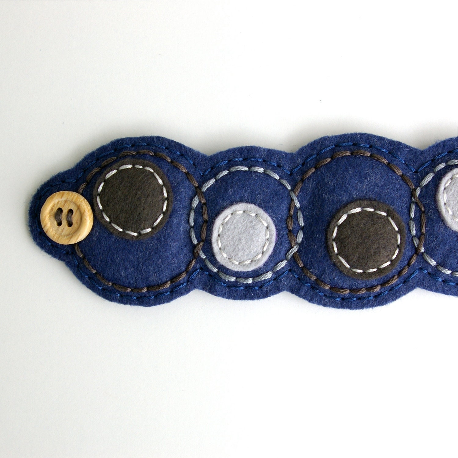 Wool Felt Bracelet Wristband Cuff // Hand Embroidered // Denim & Grey // LoftFullOfGoodies