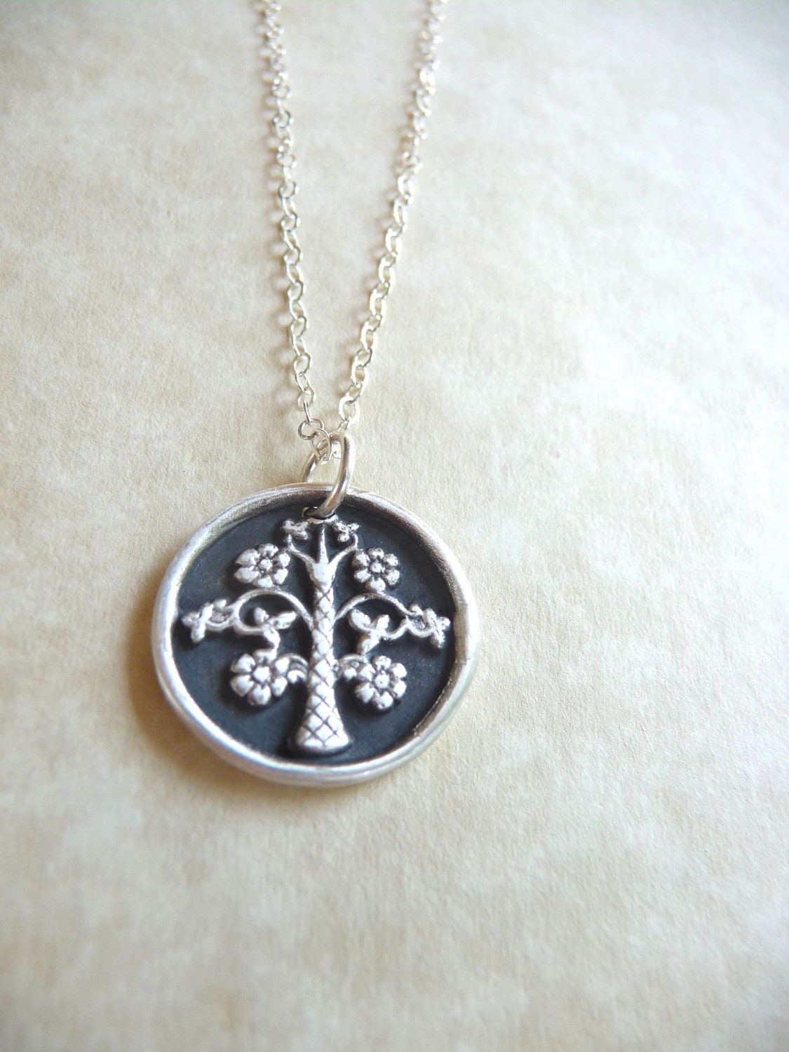 Spring wax seal charm tree with flowers hand made from recycled fine silver
