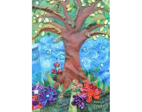 Quilted Fiber Art Painting - Tree Rainbow Fabric Flowers Beading Acrylic 26 x24