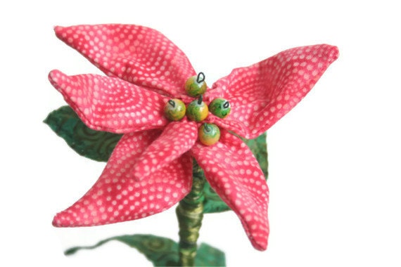 Pink Poinsettia Fiber Art Sculpture  - Holiday Decor Salmon Pink Green