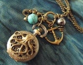 Steampunk Octopus Pocket Watch Necklace Bronze  Womens Pearls Turquoise Gift Accessory