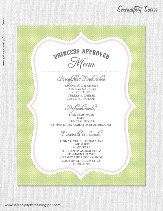 Princess and the Pea - Custom Printable MENU - 8X10 Il_570xn
