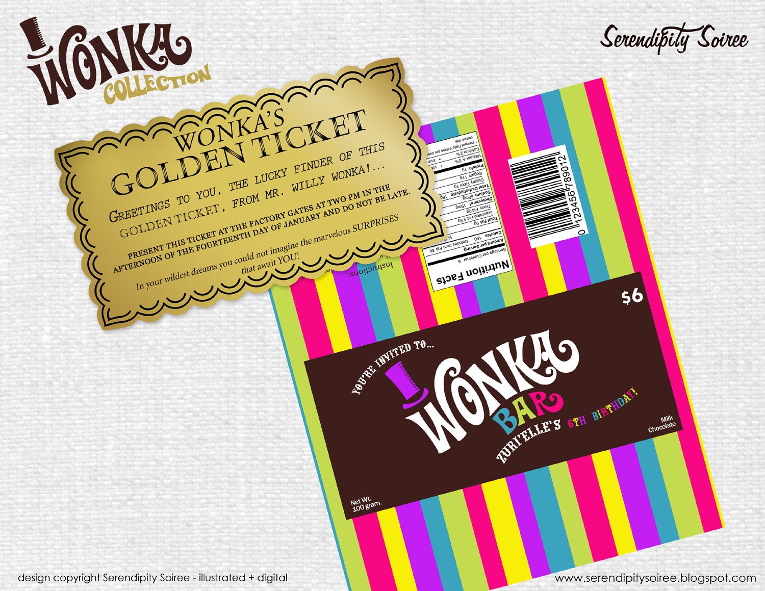 Custom Invitation - Willy Wonka Chocolate bar wrapper and golden ticket - Modern RAINBOW Il_570xn