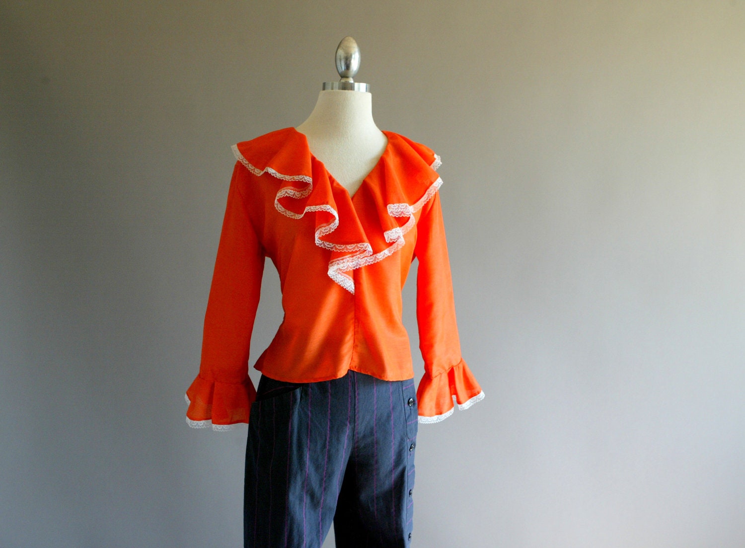 Vintage Long Sleeve Ruffle Blouse with Lace Detail