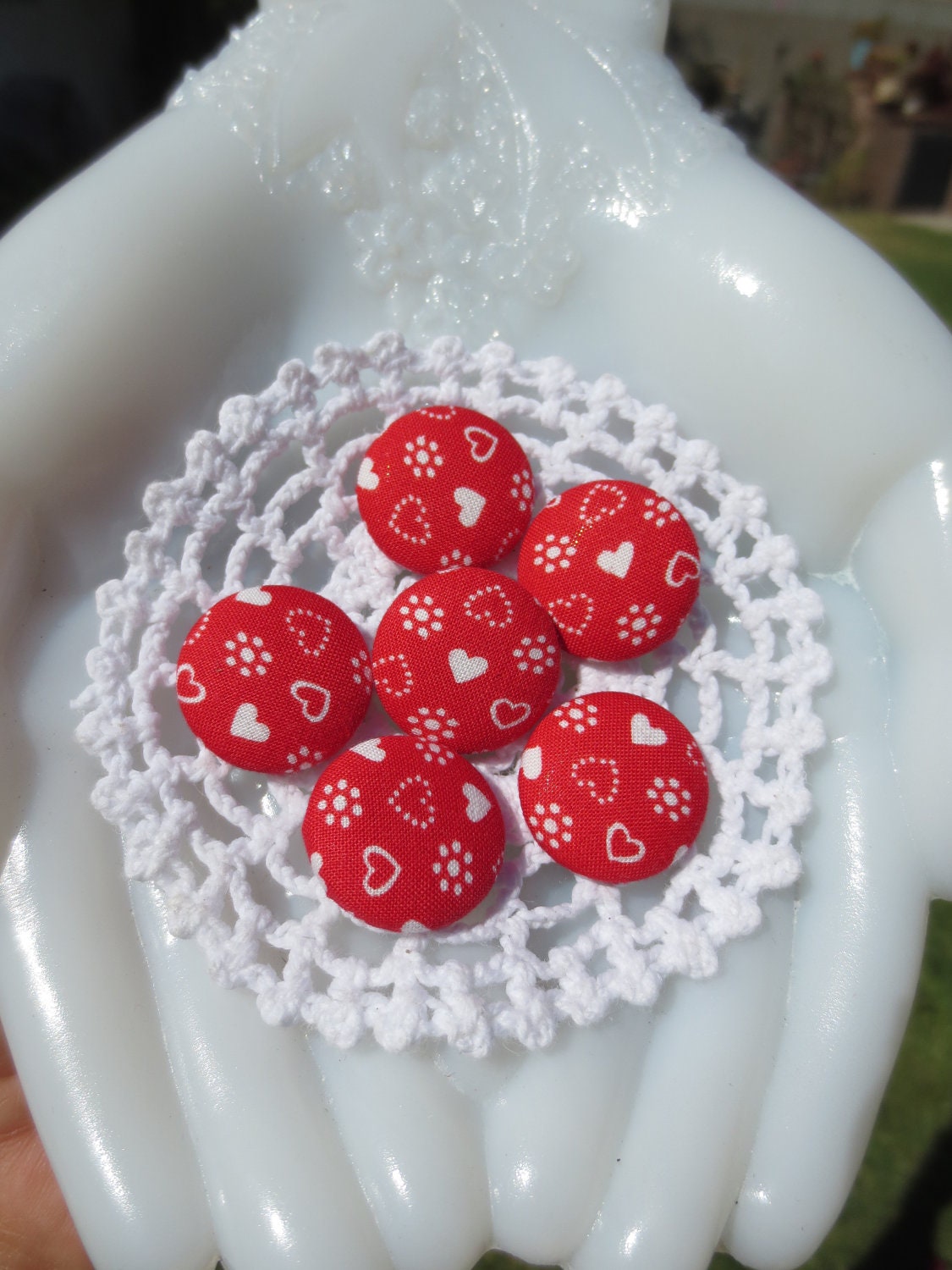 Handmade Fabric Buttons Heart Flowers Set 6 22mm