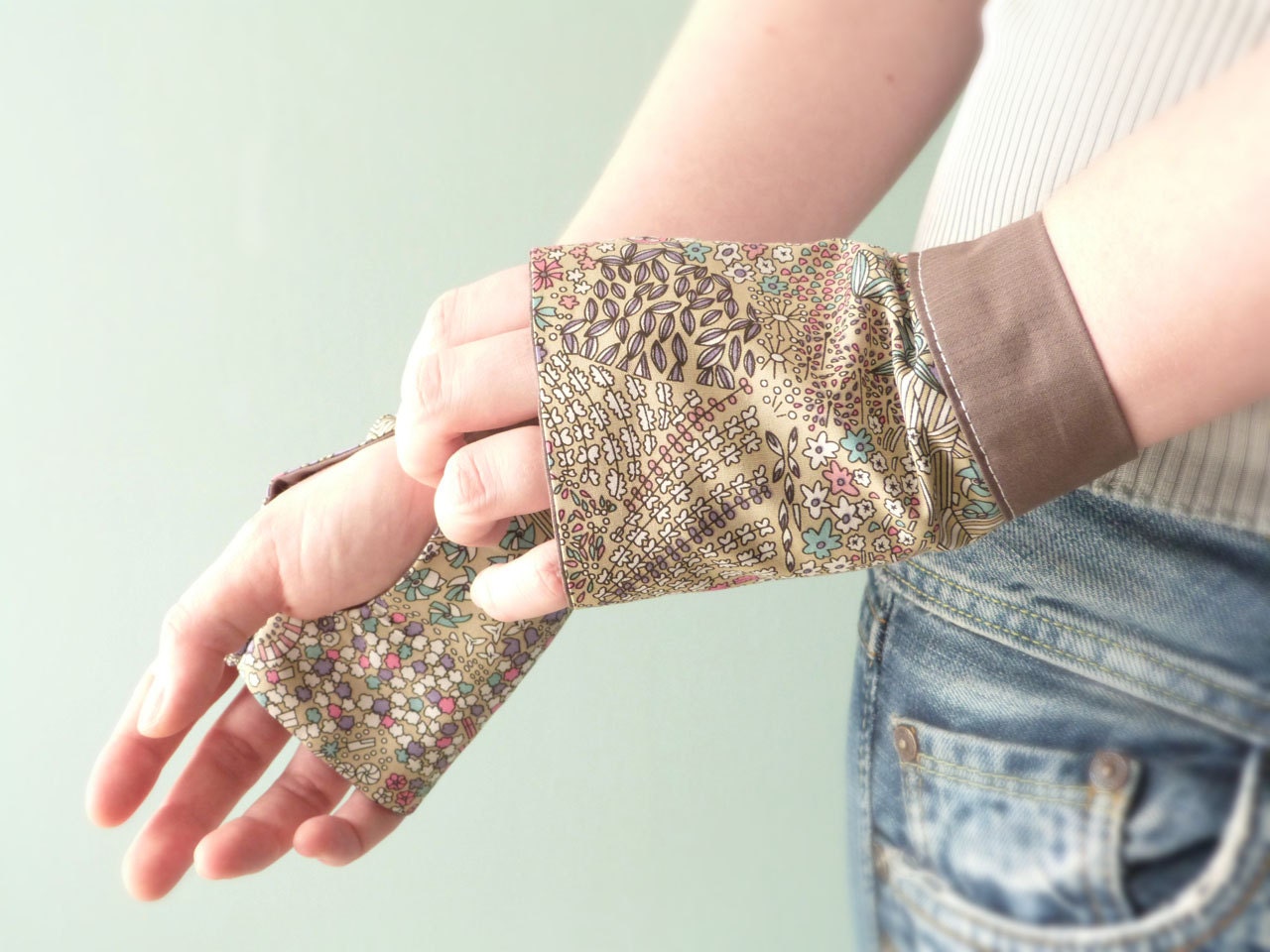 Taupe liberty Fingerless gloves Autumn fashion OOAK by Jye, Hand-made in France