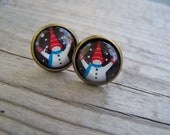 Glass Domed Earrings Snowmen Christmas 12mm Brass Posts