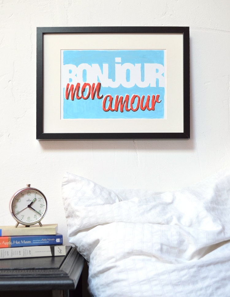 Bonjour print - French typographic poster 'Hello my love' romantic art print retro-modern home decor