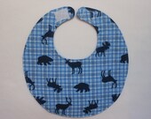 Baby Bibs, four soft layers, reversible, blue gingham with bears, and deers, and mooses, oh my.