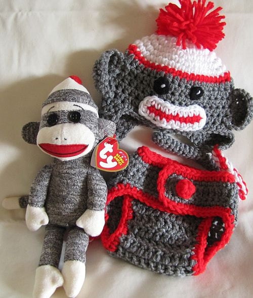 Red sock monkey hat, pants and doll for newborn