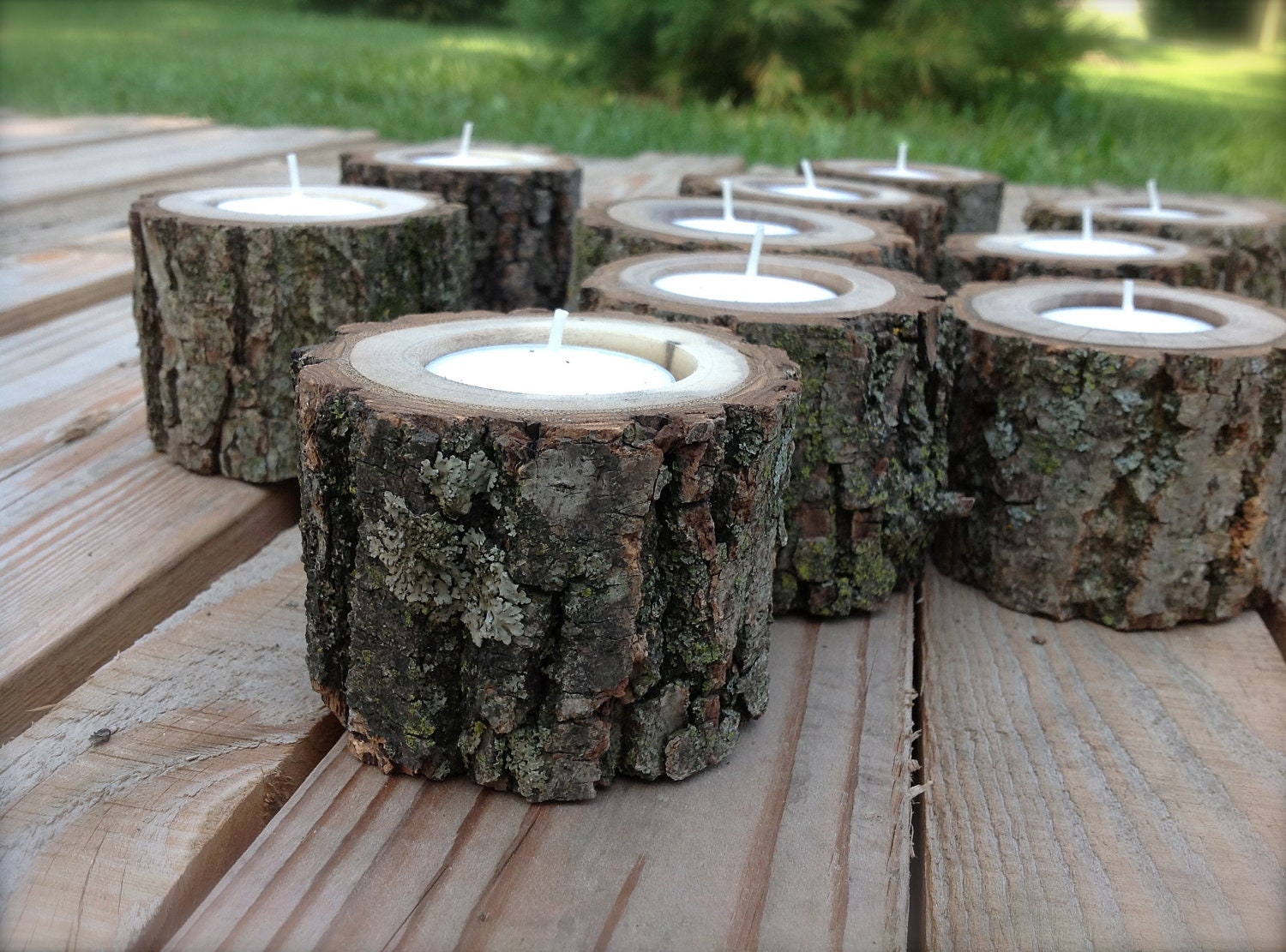 10 Wood Log Tea Light Candle Holders for Woodland Wedding. Black Walnut. All Natural. Rustic. 7 Hour Tea Light Candles Included.